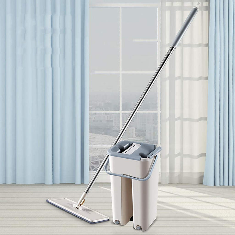 Microfiber Flat Mop with Bucket, Cleaning Squeeze Hand Free Floor Mop, 2 Reusable Mop Pads, Stainless Steel Handle